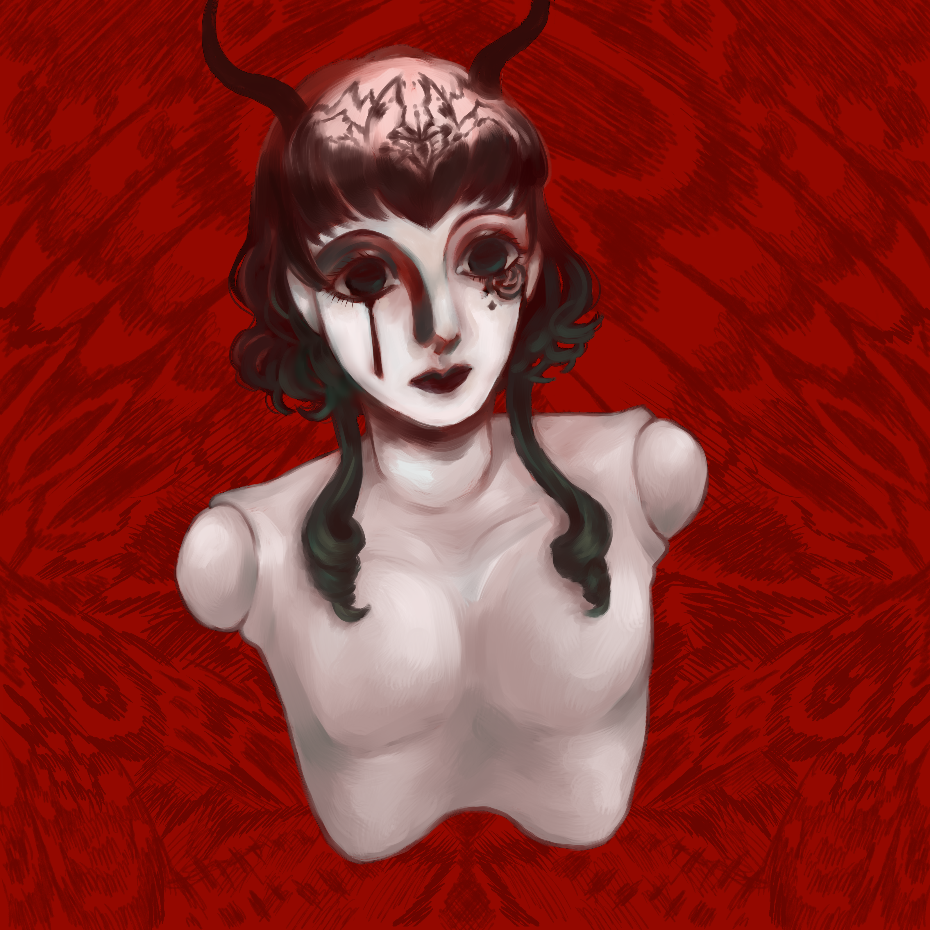 my vtuber, ezra gheist, a torso of a pale ball jointed doll with black hair and no arms or clothes, over a red bg that resembles butterfly wings