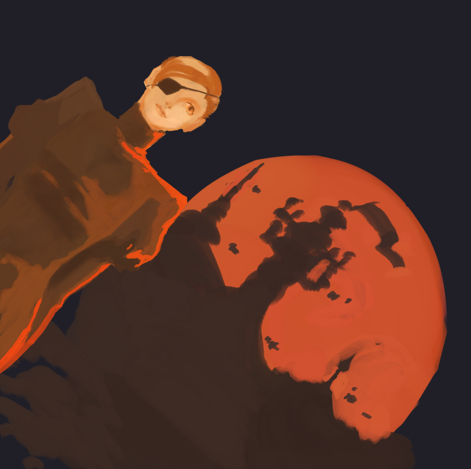 Original art of a person with ginger hair and an eyepatch, wearing a brown uniform, standing in front of a bright red moon with the shadow of a castle in front of it