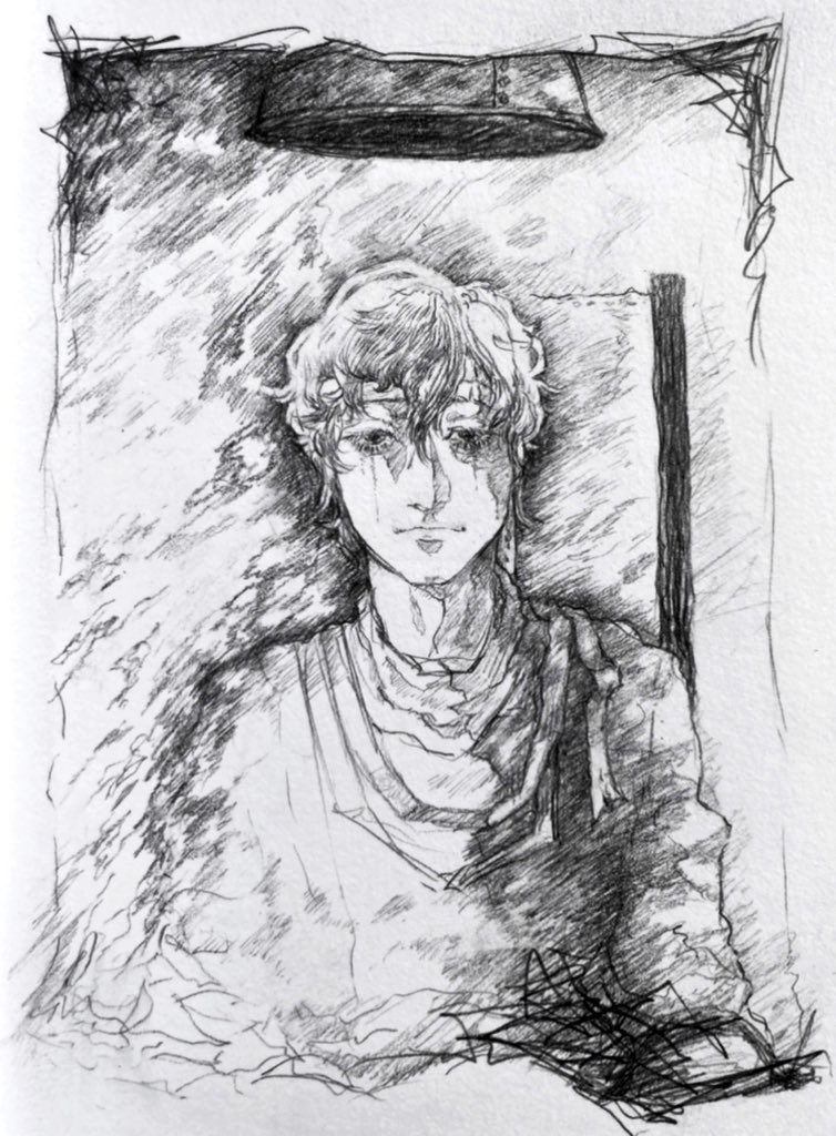 Patient/Emil Mesmer from Identity V, he is sitting in a chair and staring straight ahead in a dark room