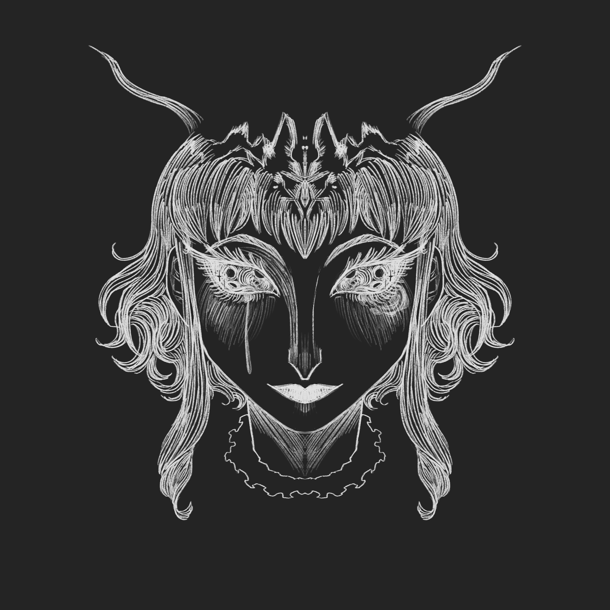 a portrait of my vtuber ezra gheist, drawn in white over a black bg