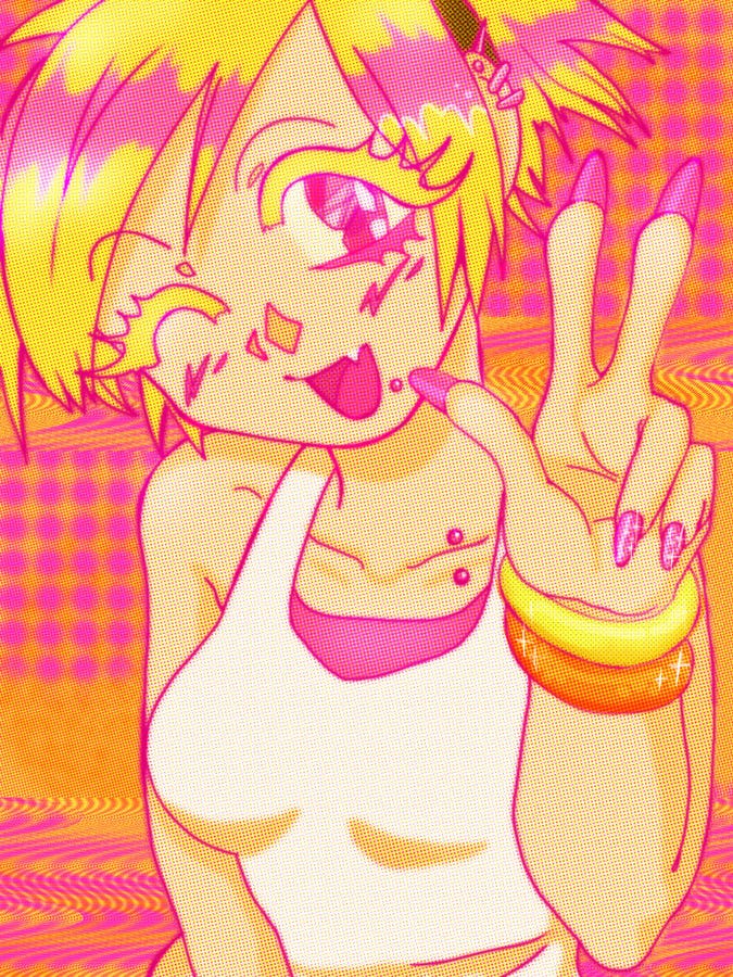 Original art of a blonde girl drawn in a bright anime style, winking and showing a peace sign at the camera
